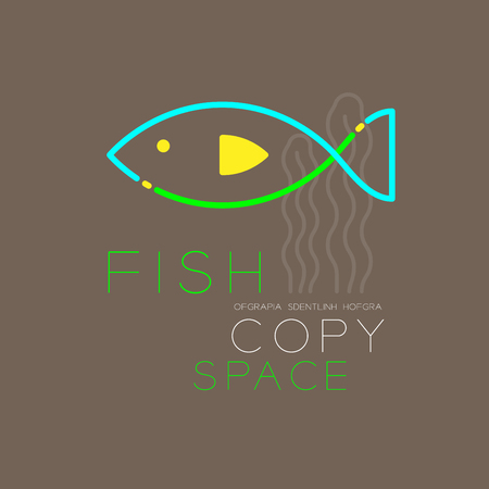 Fish and Seaweed logo icon outline stroke set dash line design illustration blue green and yellow color isolated on brown background with Fish text and copy space, vector eps10のイラスト素材