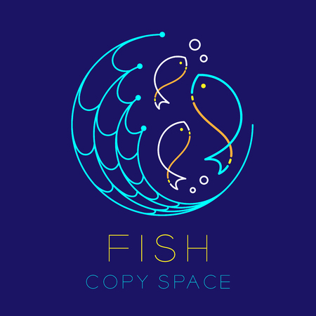 Fish, fishing net circle shape and air bubble logo icon outline stroke set dash line design illustration isolated on dark blue background with Fish text and copy spaceのイラスト素材