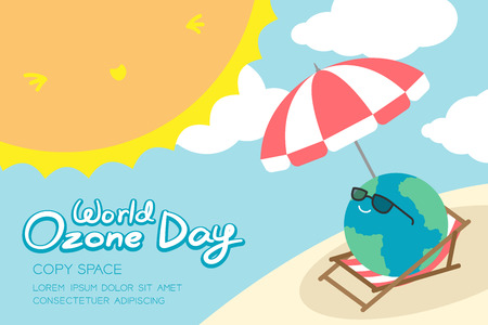World Ozone Day 16 September horizon Banner set, Global warming concept smile earth with sunglasses, umbrella, chair, beach, sun, sky and cloud illustration isolated, with copy spaceのイラスト素材