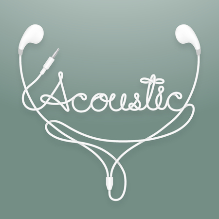 Earphones, Earbud type white color and acoustic text made from cable isolated on dark green gradient background, with copy spaceのイラスト素材
