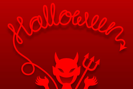 Devil monster with fork concept design and halloween text made from tail illustration isolated on red gradient background, with copy spaceのイラスト素材