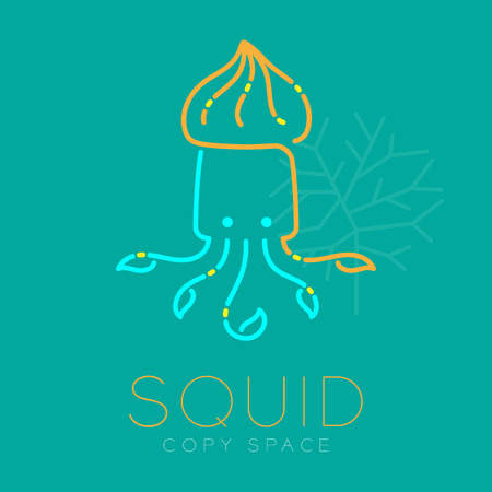 Squid and Coral logo icon outline stroke set dash line design illustration blue orange and yellow color isolated on green turquoise background with Squid text and copy space, vector eps10.のイラスト素材