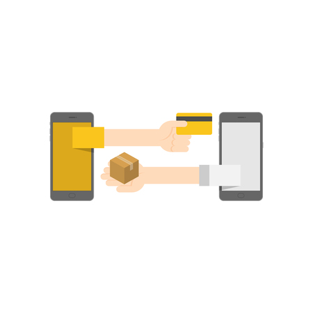 Two Smartphone with pop up buyer hand holding credit card and seller hand send goods set Mobile online shopping concept illustration isolated on white background with copy spaceのイラスト素材