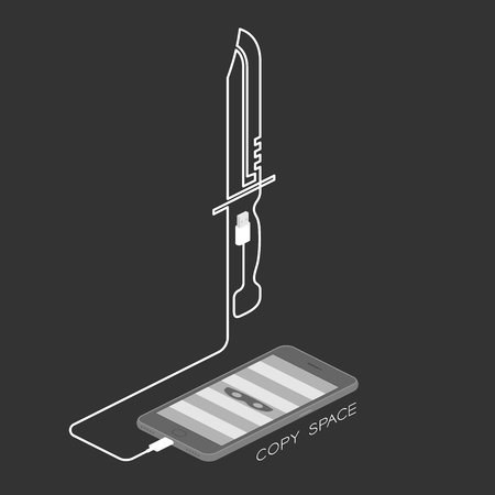 Smartphone isometric design with thief mask symbol on screen and knife shape made from usb data cable set internet cyber crime concept illustration isolated on dark background, with copy spaceのイラスト素材