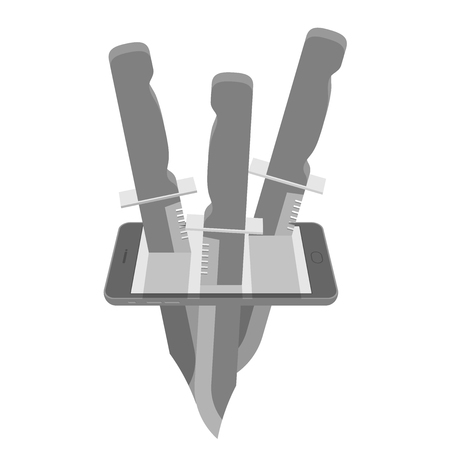 Smartphone with knife set internet cyber crime concept idea illustration isolated on white background, with copy spaceのイラスト素材