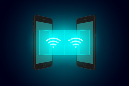 Two smartphone with jigsaw puzzle 3d and wireless internet symbol set wireless internet Connect concept idea illustration isolated glow in the dark background, with copy spaceのイラスト素材