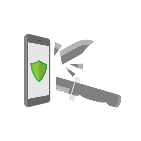 Smartphone with green shield symbol on screen and knife set Protection internet cyber crime concept idea illustration isolated on white background, with copy spaceのイラスト素材