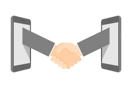 Handshake between two smartphone set Business Success concept idea illustration isolated on white background, with copy spaceのイラスト素材
