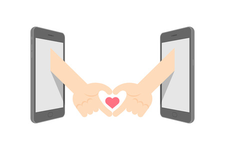 Hand sign language heart symbol shape between two smartphone set Love Couple concept idea illustration isolated on white background, with copy spaceのイラスト素材