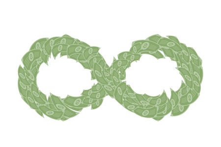 Infinity symbol shape made from cash (dollar) concept idea illustration isolated on white background, with copy spaceのイラスト素材