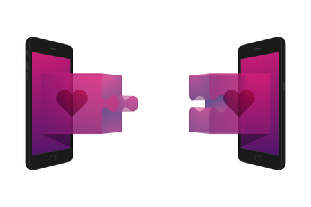Two smartphone with jigsaw puzzle 3d and heart symbol set Love Disconnect concept idea illustration isolated on white background, with copy spaceのイラスト素材