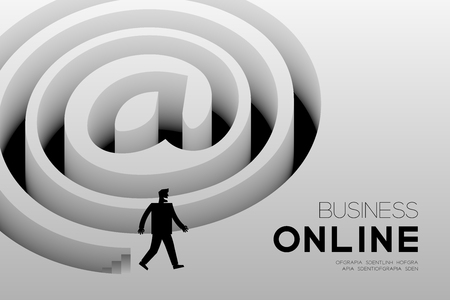 Business online marketing horizontal set. Businessman with At symbol stair concept idea on grey gradient background.のイラスト素材