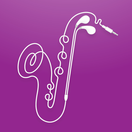 Earphones, Earbud type white color Saxophone shape made from cable isolated on purple gradient background, with copy spaceのイラスト素材