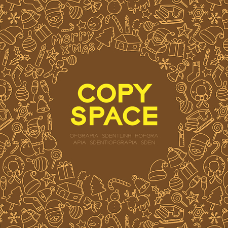 Happy New Year symbol icon kids hand drawing set pattern background illustration isolated on brown color background, with center copy space circle shapeのイラスト素材