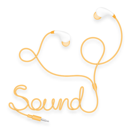 Earphones, In Ear type yellow orange color and Sound text made from cable isolated on white background, with copy spaceのイラスト素材