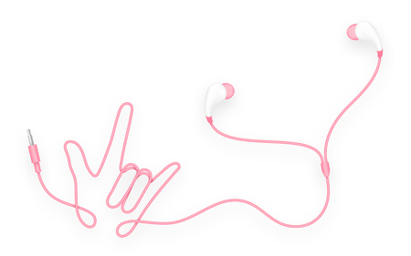 Earphones in Ear type pink color and I Love You hand sign language made from cable.のイラスト素材