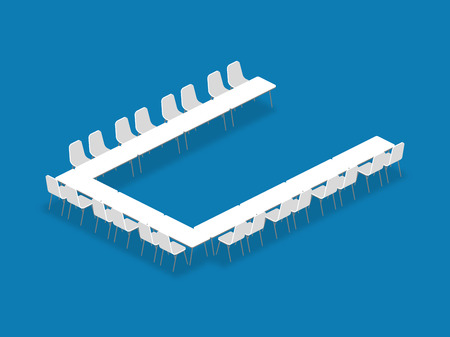 Meeting room setup layout configuration U Shape isometric style illustration, perspective 3d with shadow on blue color backgroundのイラスト素材