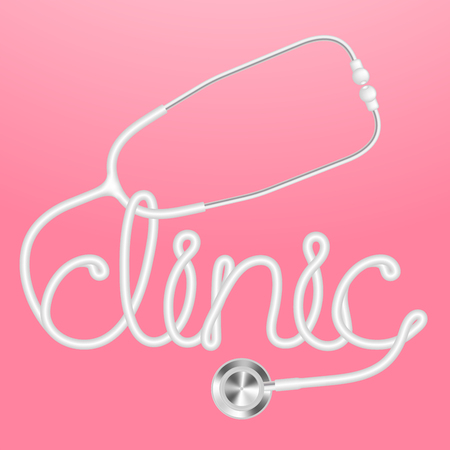 Stethoscope white color and clinic text made from cable isolated on pink gradient background, with copy spaceのイラスト素材