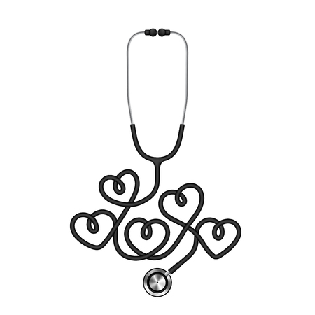 Stethoscope black color and heart sign symbol made from cable isolated on white background, with copy spaceのイラスト素材