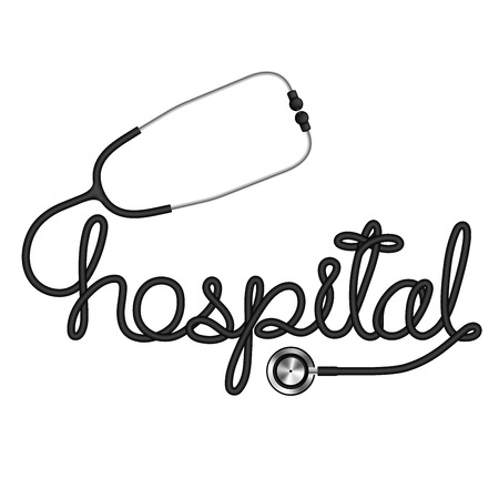 Stethoscope black color and hospital text made from cable isolated on white background, with copy spaceのイラスト素材