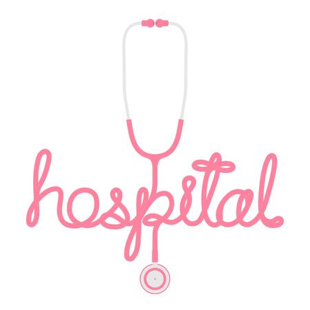 Stethoscope pink color and hospital text made from cable flat design isolated on white background, with copy spaceのイラスト素材