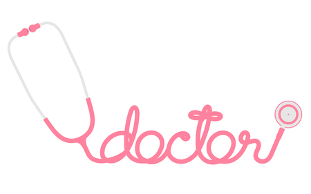 Stethoscope pink color and doctor text made from cable flat design isolated on white background, with copy space.のイラスト素材