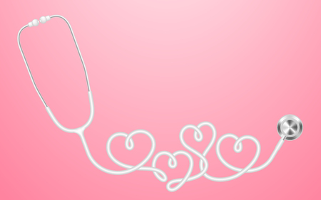 Stethoscope white color and heart sign symbol made from cable isolated on pink gradient background, with copy space.のイラスト素材