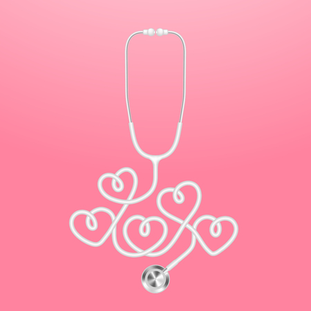 Stethoscope white color and heart sign symbol made from cable isolated on pink gradient background, with copy space.のイラスト素材
