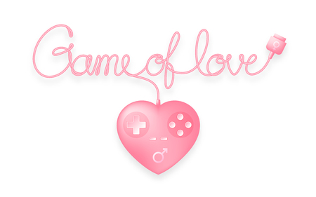 Game pad or joy pad heart shape pink color with male, female gender symbol and Game of love text made from cable, valentine concept design illustration. Isolated on white background, with copy space.のイラスト素材