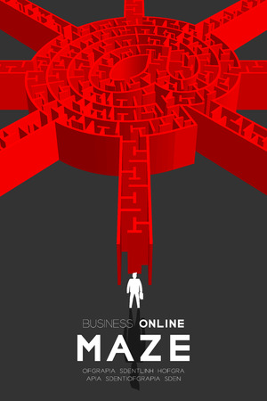 Business online maze or labyrinth at sign shape red color with businessman. 3D design illustration, Isolated on dark background, with copy space.のイラスト素材