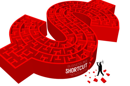 Shortcut business online maze or labyrinth currency USD (United States Dollars) sign shape with businessman. 3D design illustration, isolated on white background, with copy space.のイラスト素材