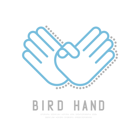 Bird Hand finger with dot shadow icon, sign language concept outline stroke flat design blue and grey color illustration isolated on white backgroundのイラスト素材