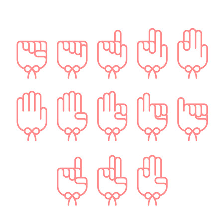 Hand finger counting number with Bow tie icons set sign language concept, outline stroke flat design pink color illustration isolated on white backgroundのイラスト素材