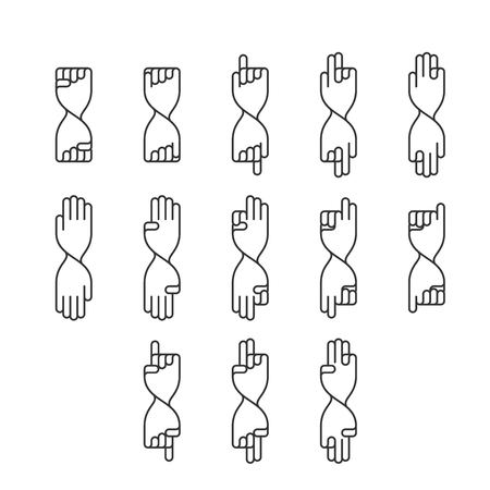 Hand finger counting number icons twist set sign language concept, outline stroke flat design black and white color illustration isolated on white backgroundのイラスト素材
