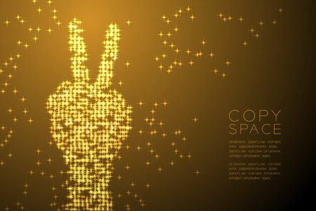 Abstract Shiny Star pattern Victory Hand shape, sign language concept design Gold color illustration isolated on brown gradient backgroundのイラスト素材