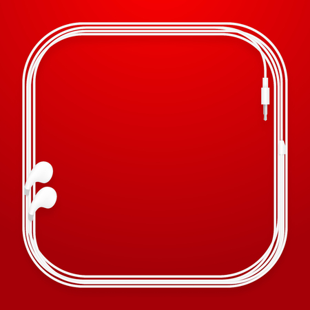 Earphones, Earbud type white color and rounded square frame made from cable isolated on red gradient background, with copy spaceのイラスト素材