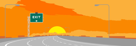 Highway or motorway and green signage with Exit sign in sunrise, sunset time illustration on orange sky backgroundのイラスト素材