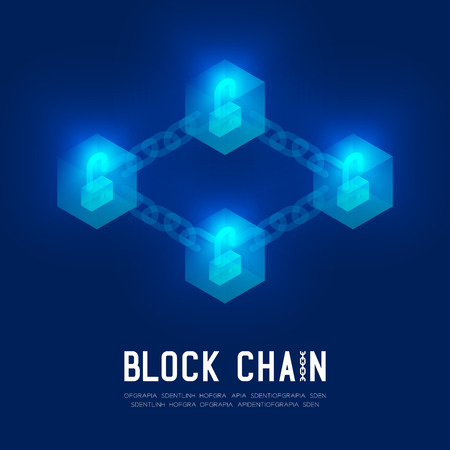 Blockchain technology 3D isometric virtual, Unlock protect system concept design illustration isolated on dark blue background and Blockchainのイラスト素材