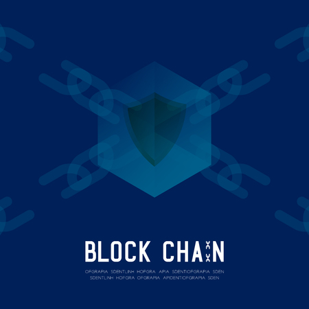 Blockchain technology 3D isometric virtual, Unsafe system concept design illustration isolated on dark blue background and Blockchain Text with copy space, vector eps 10のイラスト素材