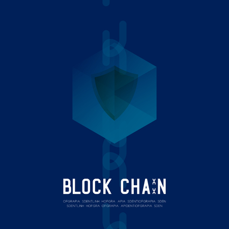 Blockchain technology 3D isometric virtual, Unsafe system concept design illustration isolated on dark blue background and Blockchain Text with copy space, vector eps 10のイラスト素材