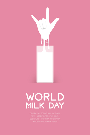 Milk splash I Love You hand sign language shape from glass, World Milk Day concept flat design illustration isolated on pink background with copy space, vector eps 10のイラスト素材