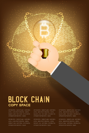 Business Hand hold Incandescent light bulb switch on set Bitcoin Cryptocurrency symbol with geometric circle pattern globe, Blockchain technology concept design illustration brown gradient backgroundのイラスト素材