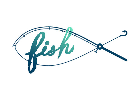 Fish shape made from Fishing rod frame, logo icon set design green and dark blue gradient color illustration isolated on white background with Fish text brush style and copy spaceのイラスト素材