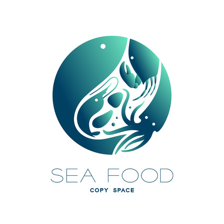 Fish, prawn, shell, crab and squid circle shape, logo icon set design green and dark blue gradient color illustration isolated on white background with Seafood text and copy spaceのイラスト素材