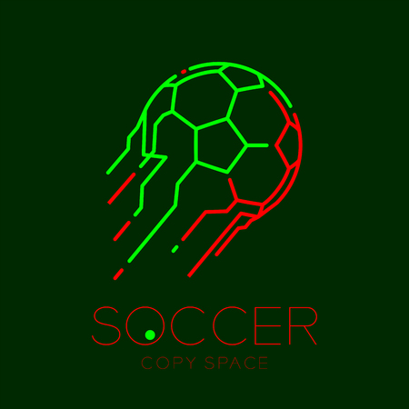 Soccer ball shooting logo icon outline stroke set dash line design illustration isolated on dark green background with soccer text and copy spaceのイラスト素材