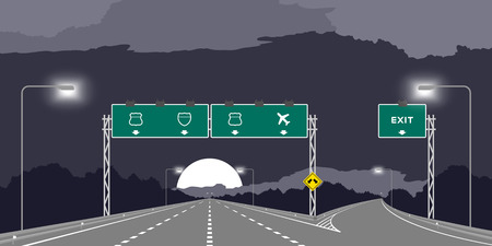 Y junction Highway or motorway and green signage at nighttime illustration isolated on dark sky backgroundのイラスト素材