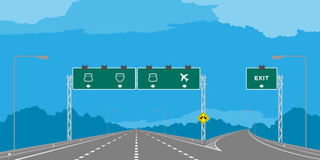 Y junction Highway or motorway and green signage in daytime illustration isolated on blue sky backgroundのイラスト素材