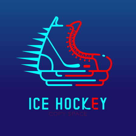Ice hockey skate speed logo icon outline stroke set dash line design illustration isolated on dark blue background with ice hockey text and copy spaceのイラスト素材