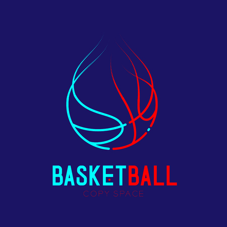 Basketball shooting fire logo icon outline stroke set dash line design illustration isolated on dark blue background with basketball text and copy spaceのイラスト素材