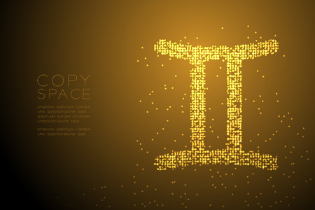 Abstract Geometric Bokeh Circle dot pixel pattern Gemini Zodiac sign shape, star constellation concept design gold color illustration isolated on brown gradient background with copy space, vectorのイラスト素材